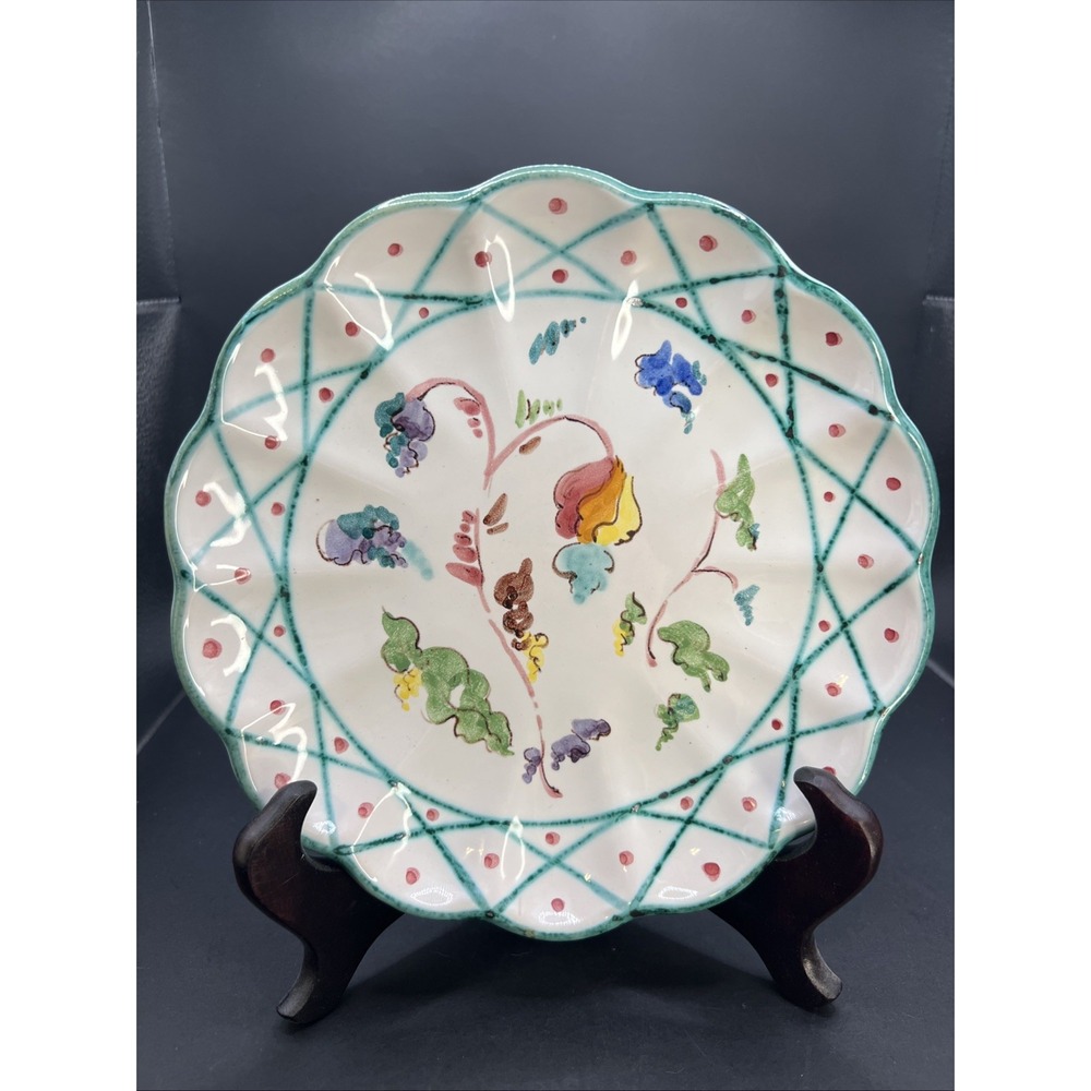 Vintage Italian Art Pottery Plate 8" Hand Painted Basketweave Lattice Floral 77D
